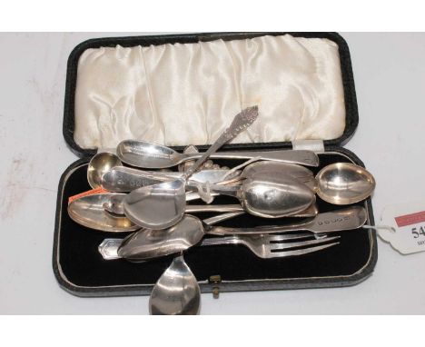 A collection of 19th century and later silver and white metal flatware, to include a set of five teaspoons, mustard spoons, f
