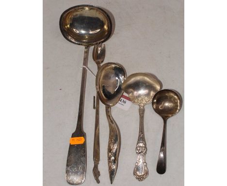 A silver plated ladle, the terminal engraved CAO; together with an American Art Nouveau style silver plated spoon ; two other