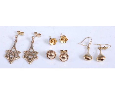 Four pairs of earrings, comprising a pair of 9ct Celtic style drops with post and scroll fittings; a pair of yellow metal dro