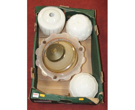 Three boxes of various 21st century glass ceiling pendants and light shades 
