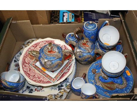 A box of various ceramics, to include a Japanese eggshell porcelain tea service, a Victorian twin handled dish etc 
