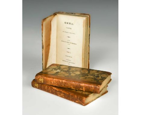 AUSTEN (Jane) Emma, 1st edition,  3 vols., 1816, 12mo, bound without half titles, dedication leaf present to vol. I, B1 and B