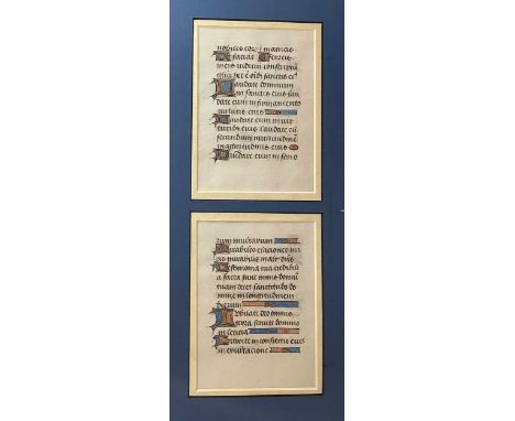 Two Medieval vellum leaves,  each circa 13.5 x 10cm, with decorative manuscript text highlighted in gold, mounted together in