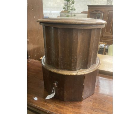 A Victorian mahogany circular night commode, the top with a needlework inset panel, 42cm diameter, height 47cm