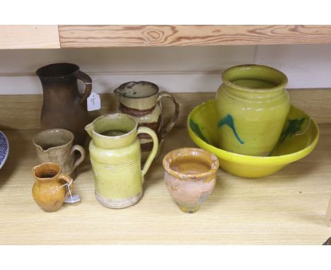 A collection of vintage French stoneware pottery, including a yellow ground bowl and matching vase, bowl 35cm