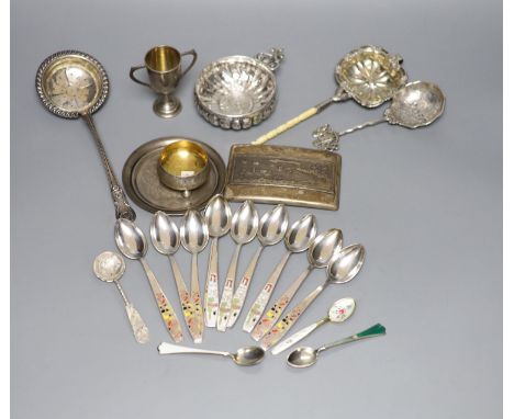 A George V silver sifter spoon and a quantity of assorted white metal items, including a Tiffany &amp; Co sterling salt, a Sw