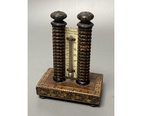 A Tunbridge ware rosewood stickware and tesserae mosaic twin tower thermometer by Henry Hollamby, 12.5cm