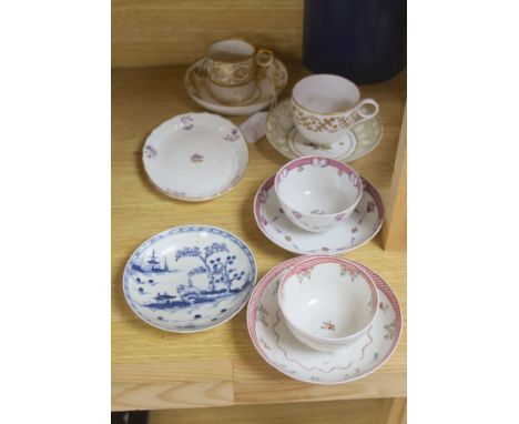 A Worcester blue and white saucer and 18th century porcelain tea wares