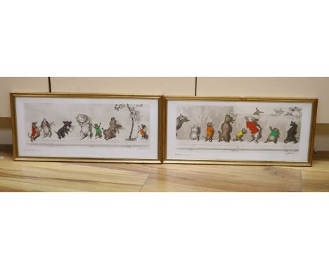 Boris O’Klein (1893-1985), pair of coloured aquatints, Le Mal Entendu and companion print, signed in pencil, 20 x 49cm