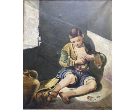 A. Funcken after Merillo, oil on canvas, Boy with apples and pitcher, signed and dated 1910, 104 x 86cm