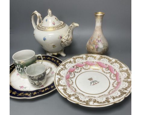 A Sevres outside decorated vase, dated 1877, Spode and Derby plates, a teapot and two other items