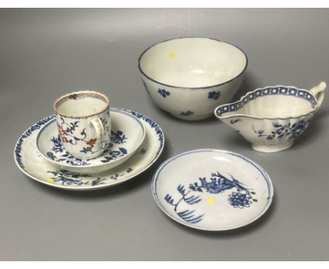 A group of Worcester blue and white ceramics, a Japan pattern cup and a Samson blue and white saucer, tallest 8cm