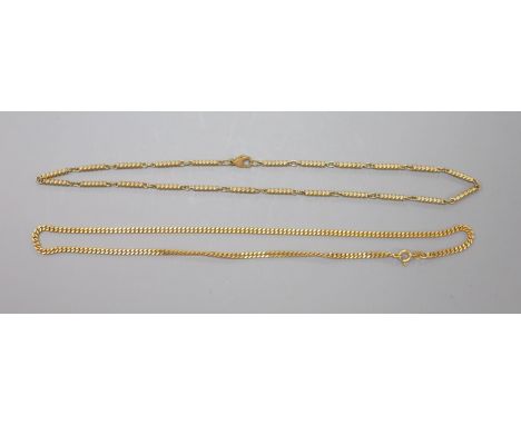 A modern 9ct gold curb link chain and one other 9ct spiral baton link chain, 39cm,22.1 grams.