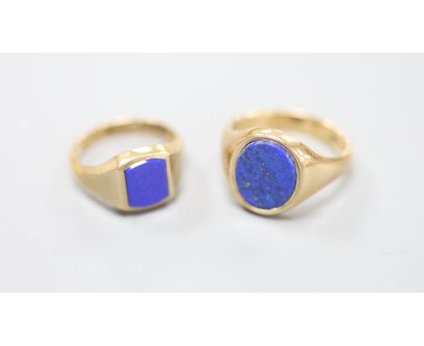 Two modern 9ct gold and lapis lazuli set signet rings, sizes J/K &amp; O/P,gross 9.4 grams.