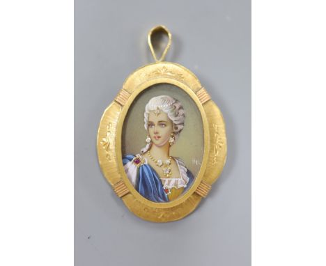 A modern Italian 18ct gold mounted miniature oval gem set portrait of a lady pendant brooch, 41mm, gross 10.8 grams.