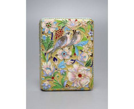 A modern Russian style gilt white metal and cloisonne enamel cigarette case, 93mm, gross 5oz.