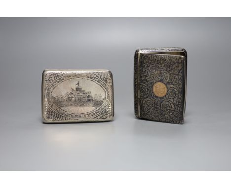 A late 19th century Russian 84 zolotnik and niello cigarette case, 89mm and an Austro-Hungarian 900 standard white metal and 