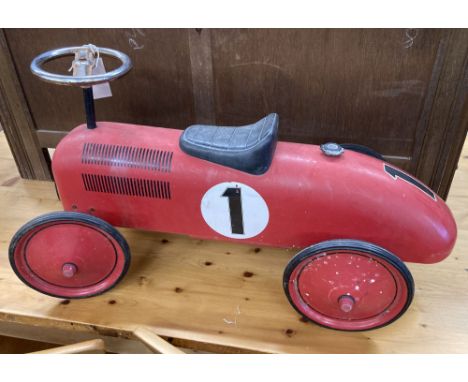 A child's vintage style painted metal sit on toy racing car, length 76cm