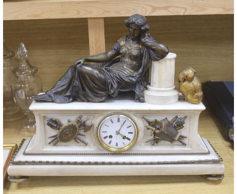 A 19th century  gilt metal and marble figural mantel clock, length 58cm
