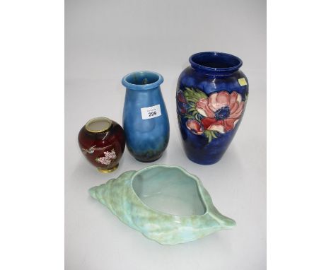 Chipped Moorcroft Vase, Carltonware Vase, Crown Ducal Vase and a Pottery Shell 