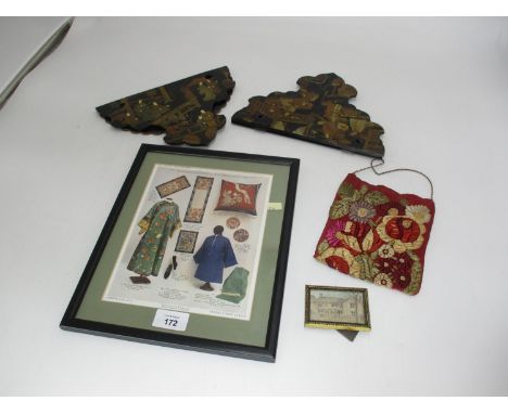 Pair of Victorian Lacquer Wall Brackets, Needlework Purse, a Small Drawing of Church House Grassington by Marguerite Howath S