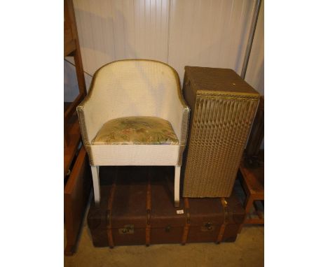 Vintage Trunk, Lloyd Loom Linen Box and a Wicker Chair 