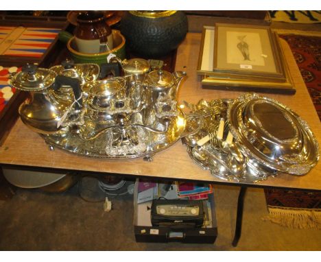 Silver Plated 4 Piece Tea Service, Trays, Cutlery, Entrée Dish etc 