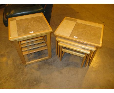 Oak and Tiled Nest of 3 Tables and Matching Pair of Lamp Tables 
