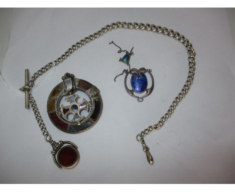 Silver Watch Albert with Fob, Charles Horner Silver and Enamel Faulty Necklace and a Victorian Agate Set Brooch 