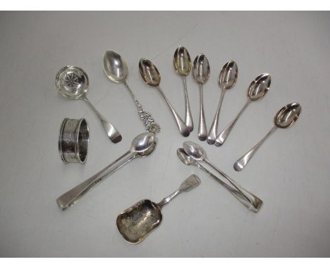 Victorian Silver Caddy Spoons, Other Silver Cutlery and Napkin Ring, 178g 