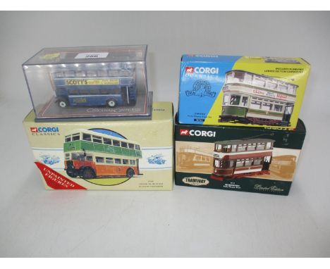 Two Corgi Buses 97336, 43913 and 2 Corgi Trams 36702, 36705 