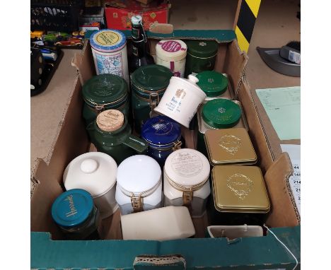Mixed Harrods collectors pots and coffee tubs including a ceramic delivery van and a Harrods Food Hall ceramic bag 