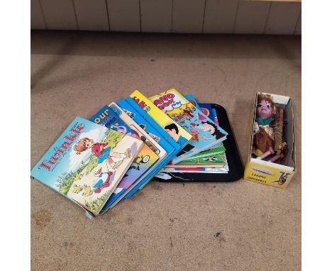 A selection of childrens annuals, The Beano 1990's, Twinkle 1977, Playhour 1980's etc plus a boxed Pelham puppet, Tyrolean Gi