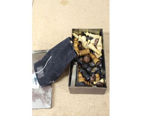 A quantity of late 19th Century and later turned wood chess pieces together with a hallmarked silver blade fruit knife with m