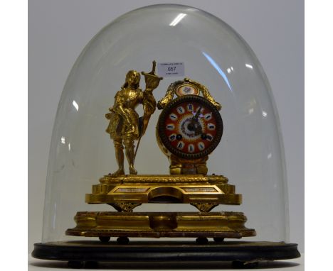 A 19TH CENTURY GILT BRASS FRENCH STRIKING MANTLE CLOCK BY BREVET WITH ENAMEL DIAL ON ORIGINAL TIERED BASE UNDER GLASS DOME CO