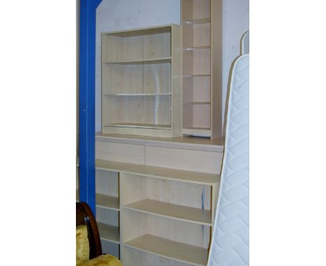 PAIR OF MODERN OPEN BOOKCASES, PAIR OF CHESTS & 2 OTHER SHELF UNITS     