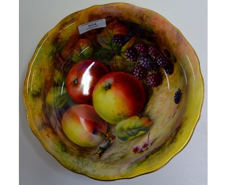 9" DIAMETER ROYAL WORCESTER HAND PAINTED FRUIT BOWL DECORATED WITH APPLES & BLACKBERRIES - SIGNED T. LOCKYER     