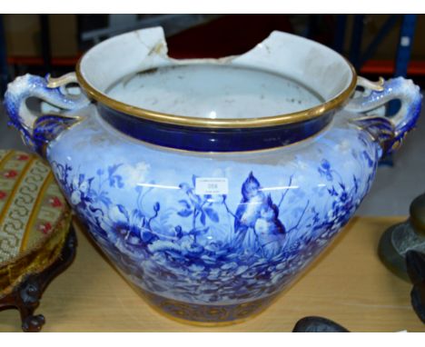 LARGE VICTORIAN BLUE & WHITE DOUBLE HANDLED PLANTER - BADLY DAMAGED     