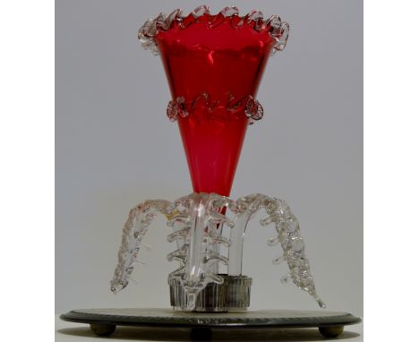 10½" CRANBERRY GLASS EPERGNE WITH CENTRE TRUMPET & GLASS FOLIATE MOUNTS (SOME MISSING)     