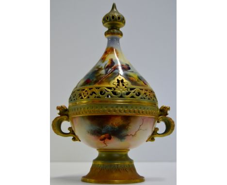 10” ROYAL WORCESTER TEAR DROP SHAPED HAND PAINTED POT POUREI JAR & COVER DECORATED WITH PHEASANTS AMID PINE & SIGNED A.C. LEW
