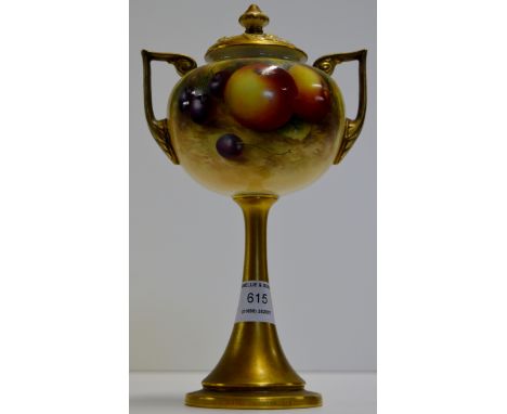 8½" ROYAL WORCESTER HAND PAINTED TWIN HANDLED STEM POT POUREI JAR WITH PIERCED COVER DECORATED WITH APPLES & CHERRIES     