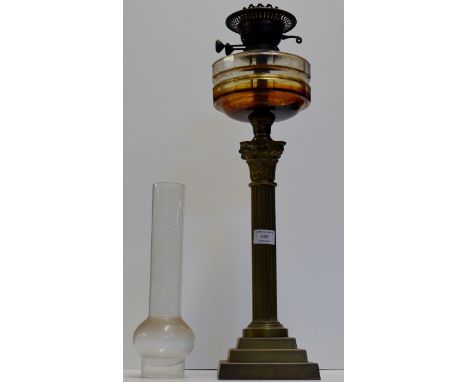 33" DOUBLE BURNER PARAFFIN LAMP WITH BRASS COLUMN ON STEPPED BASE     