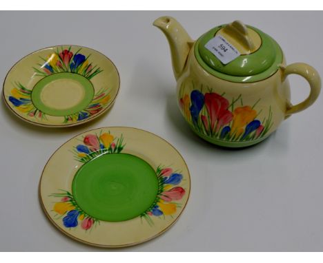 ROYAL STAFFORDSHIRE SPRING TEAPOT BY CLARICE CLIFF & 2 CLARICE CLIFF "CROCUS" PATTERN SAUCERS     