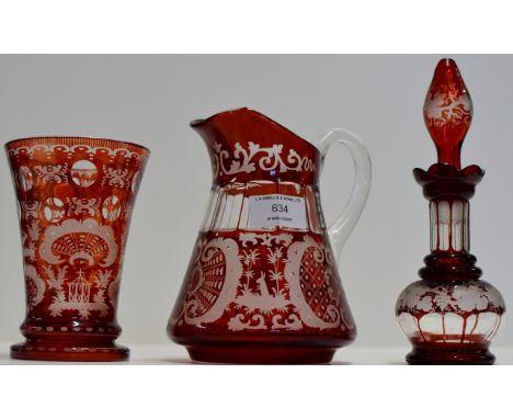 3 PIECES OF RUBY BOHEMIAN GLASSWARE - 6½" JUG, 5½" VASE & 8" DECANTER WITH STOPPER     