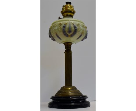 19" PARAFFIN LAMP BASE WITH MILK GLASS RESERVOIR ON BRASS COLUMN STAND     