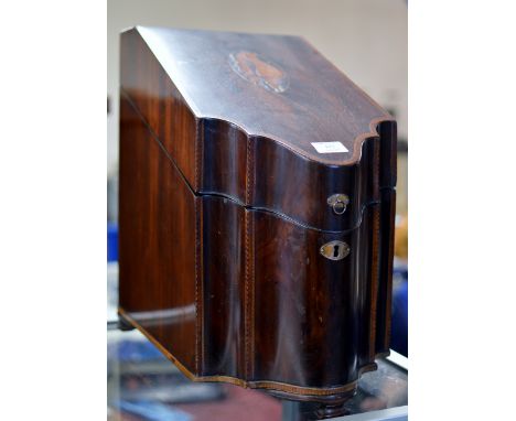 FINE GEORGIAN INLAID MAHOGANY KNIFE BOX CONVERTED TO DRINKS CADDY & ICE BOX WITH SHERATON PANEL ON SHAPED FEET     