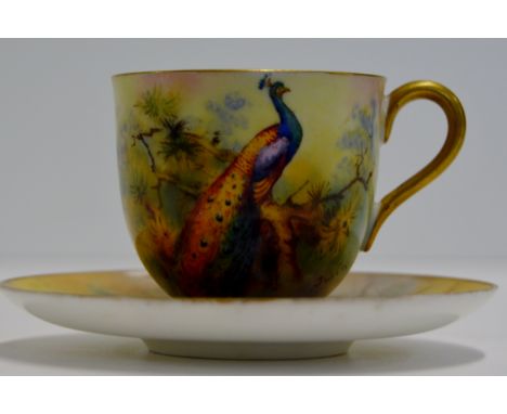 ROYAL WORCESTER HAND PAINTED CUP & SAUCER DECORATED WITH A PEACOCK & SIGNED J WIN     