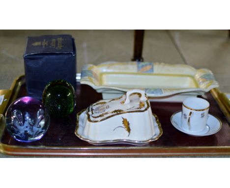 TRAY CONTAINING CAITHNESS GLASS PAPER WEIGHT WITH BOX, 1 OTHER PAPER WEIGHT, CUP & SAUCER SET, LIDDED BUTTER DISH ETC     