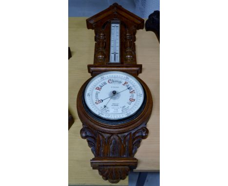 LARGE OAK FRAMED COMBINATION ANEROID BAROMETER THERMOMETER BY W. POLLOCK, GORDON STREET, LONDON     