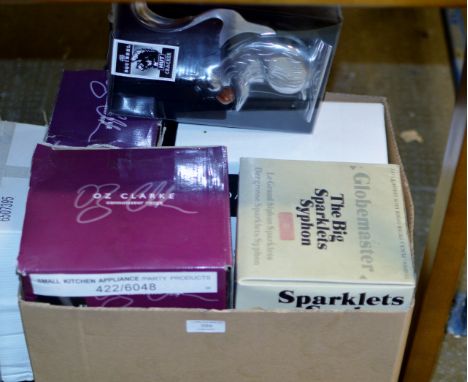 BOX CONTAINING NUT CRACKER, SYPHON IN BOX, WINE CHILLER ETC     